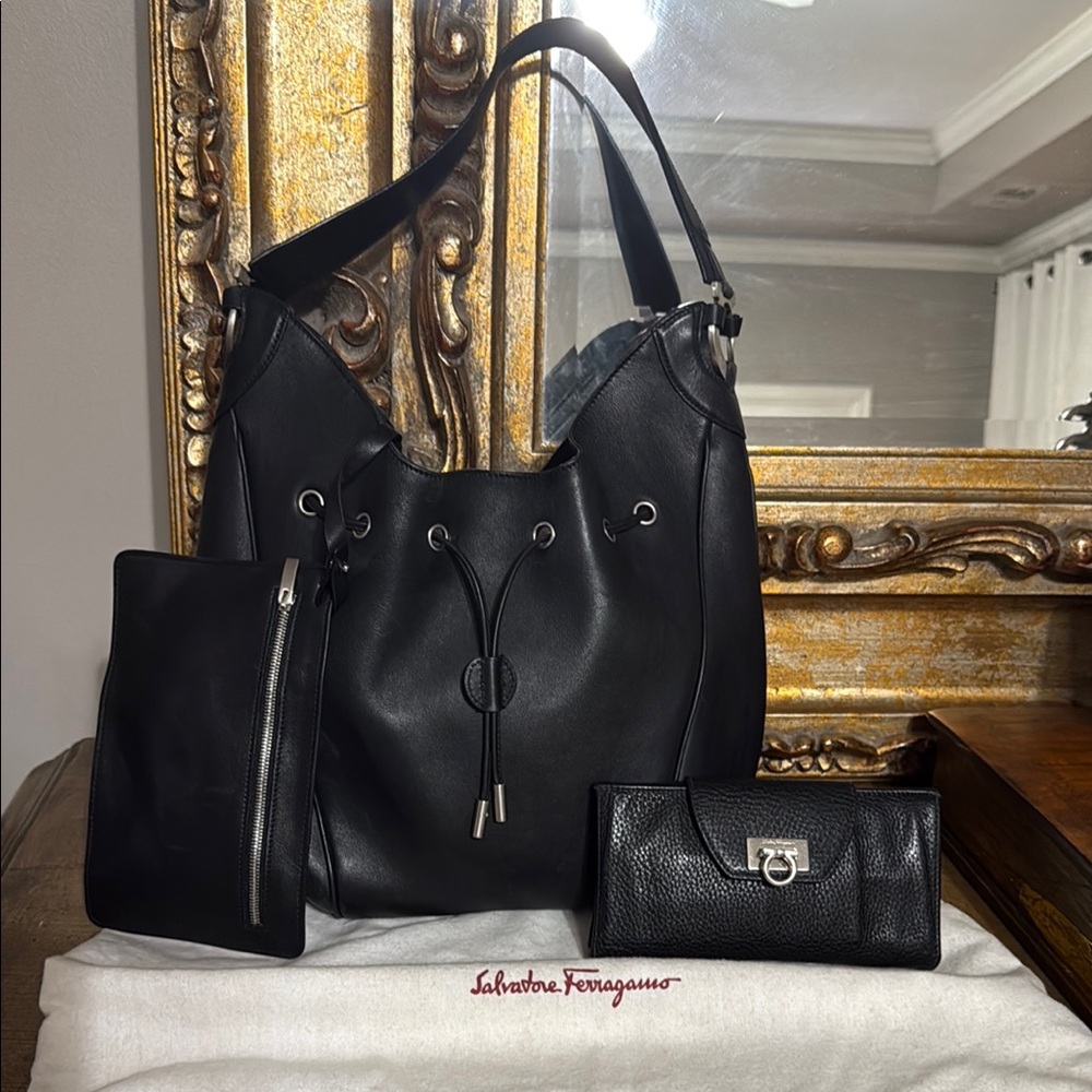 Salvatore Ferragamo Black Leather Hobo Bag with wallet